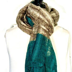 NWOT 100% wool, long, teal green-gold-brown-tan scarf. New without tags.